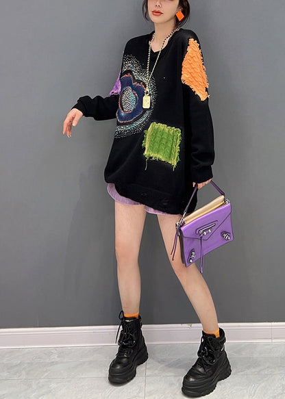 Black O-neck Print Patchwork Knit Sweaters Fall