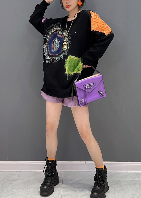 Black O-neck Print Patchwork Knit Sweaters Fall