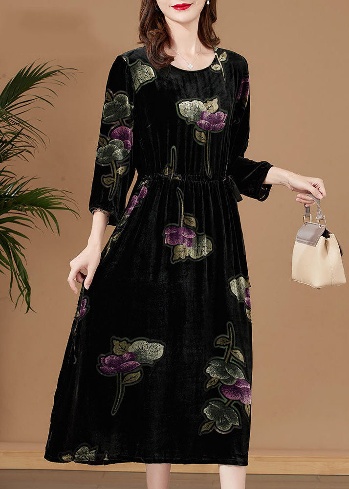 Black O-neck Print Velour Party Dress Bracelet Sleeve