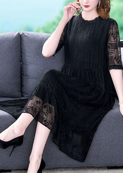 Black O-neck Ruffled Embroideried Silk Long Dresses Summer