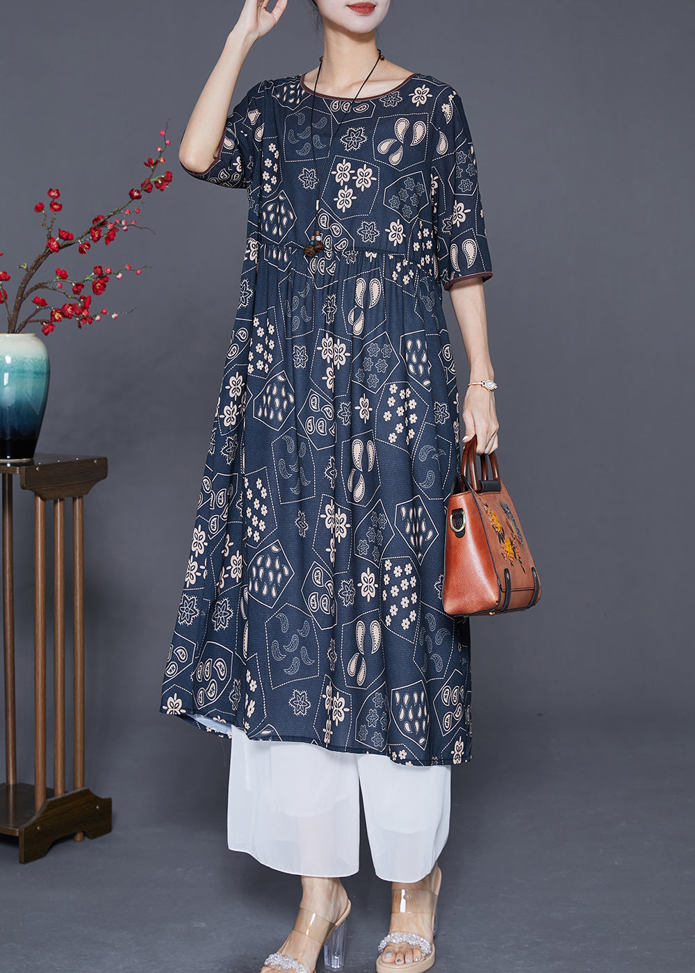 Black Oversized Print Silk Long Dress Summer