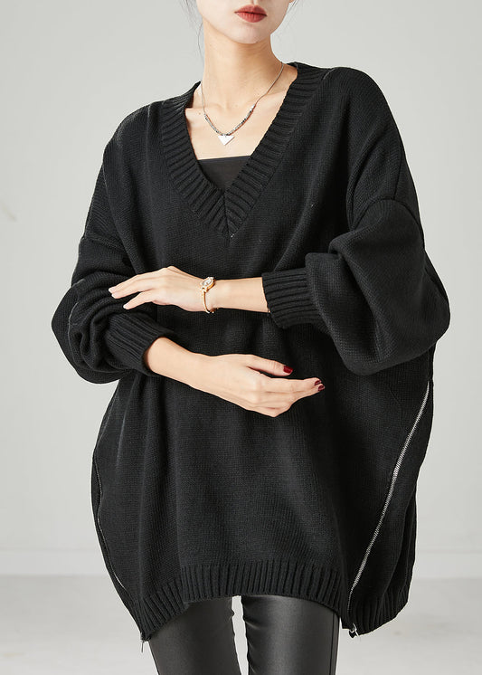 Black Oversized Side Open Knit Sweaters Spring