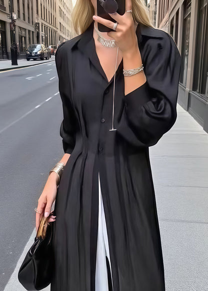 Black Oversized Wrinkled Chiffon Shirt Dresses Summer