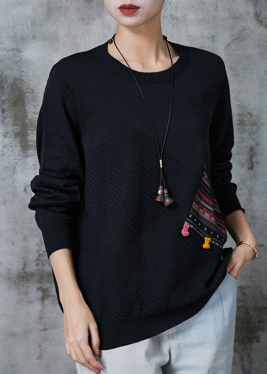 Black Patchwork Applique Knit Pullover Spring