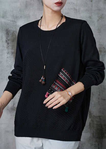 Black Patchwork Applique Knit Pullover Spring