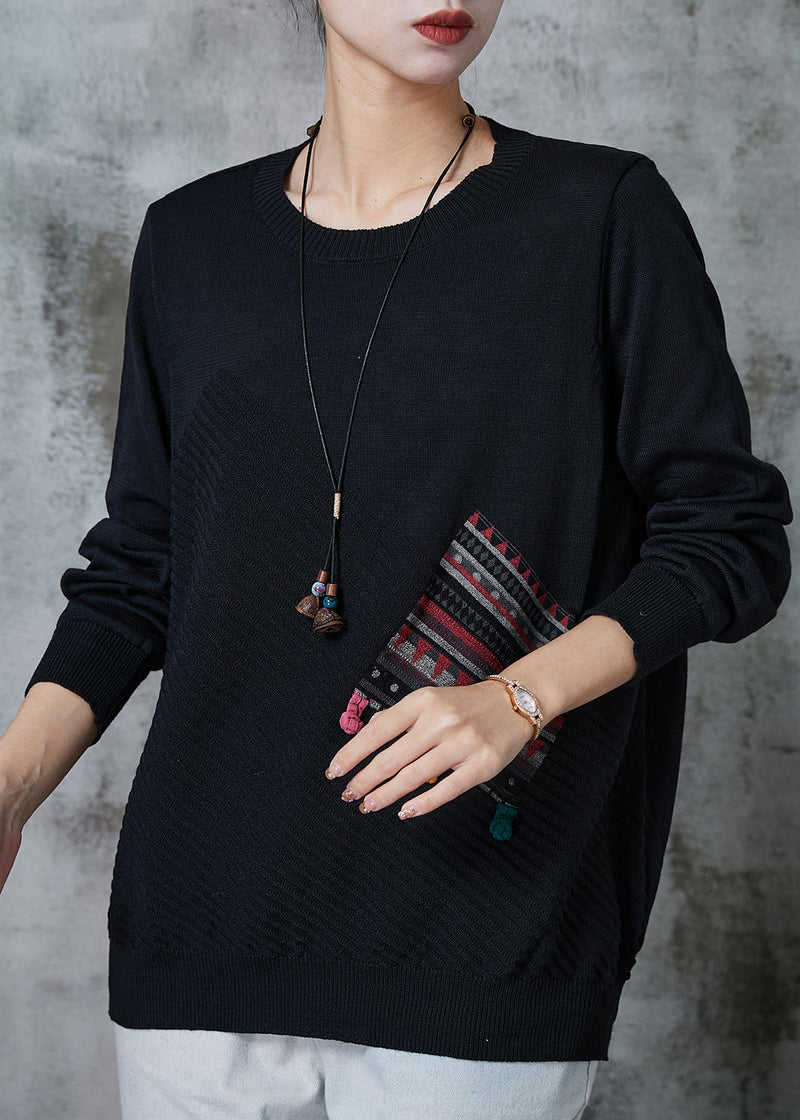 Black Patchwork Applique Knit Pullover Spring