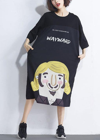 Black Patchwork Character Summer Maxi Dresses Half Sleeve