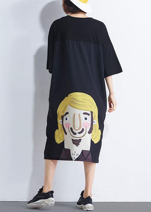 Black Patchwork Character Summer Maxi Dresses Half Sleeve