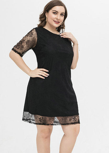 Black Patchwork Cozy Lace Mid Dresses Short Sleeve