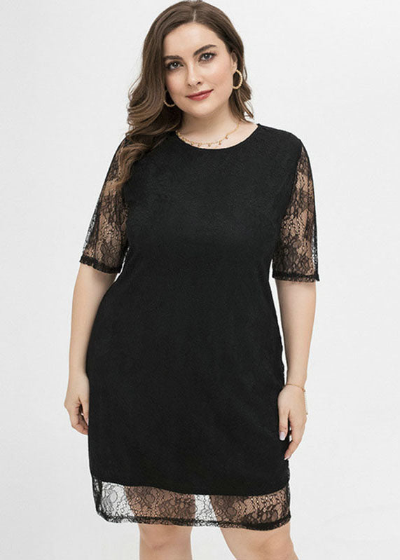 Black Patchwork Cozy Lace Mid Dresses Short Sleeve