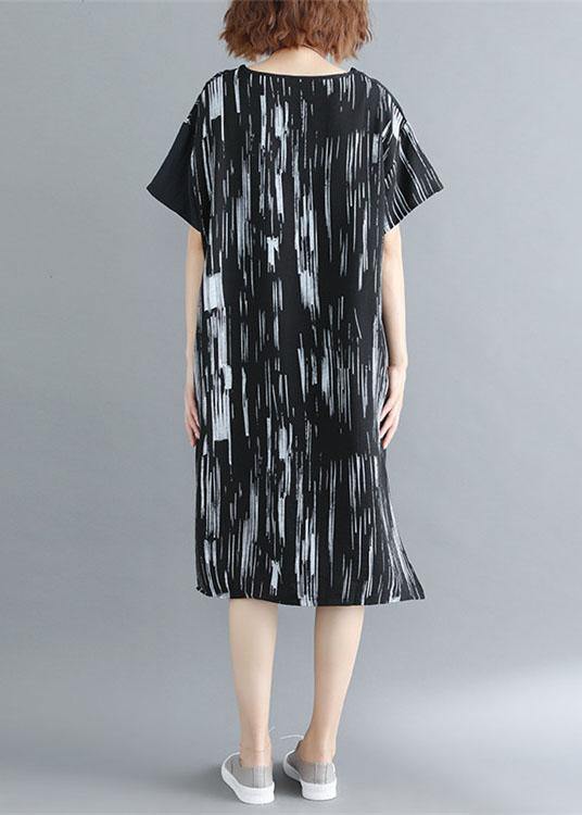 Black Patchwork Striped O Neck Cotton Maxi Dresses