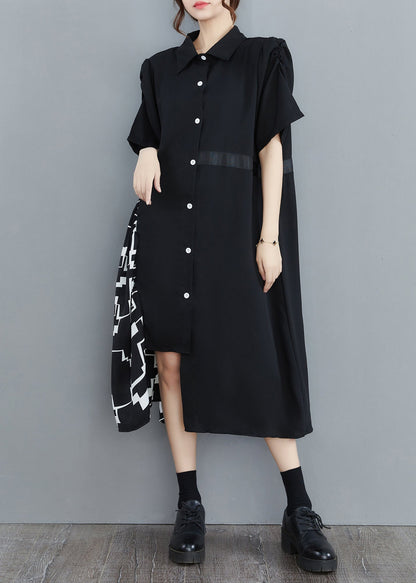 Black Peter Pan Collar Asymmetrical Print Patchwork Shirt Dresses Half Sleeve