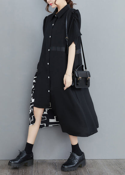 Black Peter Pan Collar Asymmetrical Print Patchwork Shirt Dresses Half Sleeve