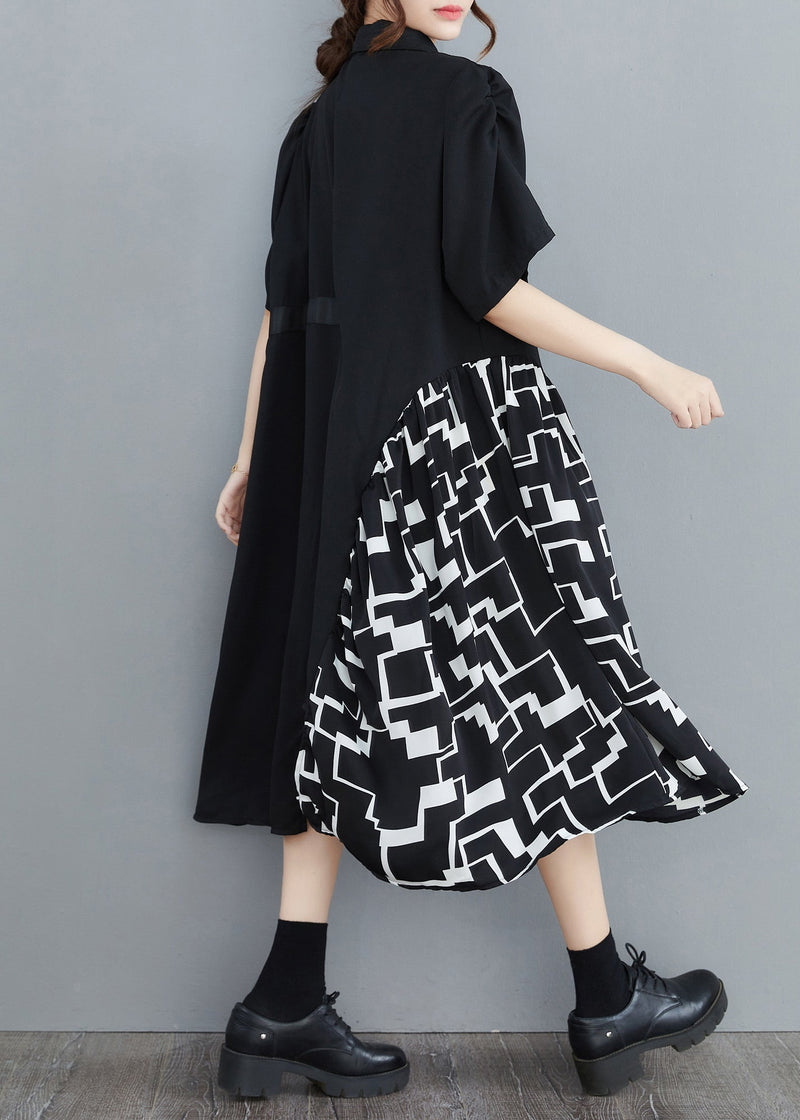 Black Peter Pan Collar Asymmetrical Print Patchwork Shirt Dresses Half Sleeve