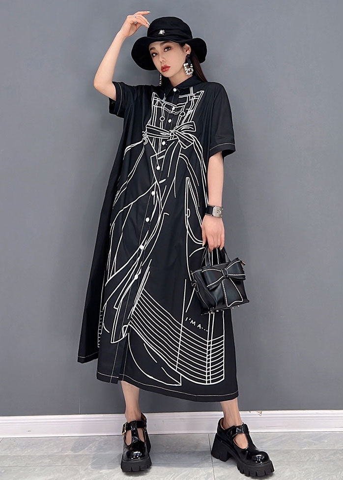 Black Peter Pan Collar Print Cotton Linen Shirt Dress Short Sleeve