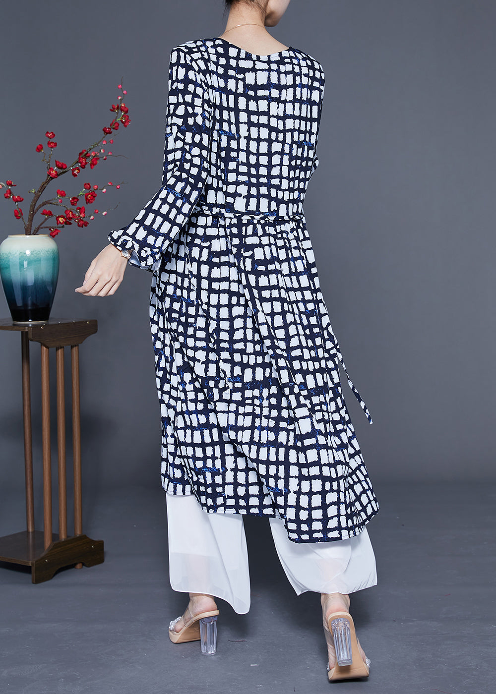Black Plaid Tie Waist Chiffon Long Dress Summer