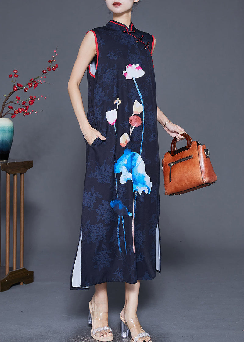Black Print Chinese Button Silk Long Dress Sleeveless