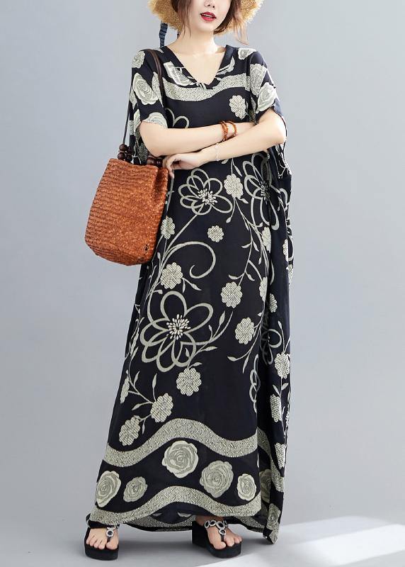 Black Print V Neck Batwing Sleeve Robe Spring Dress