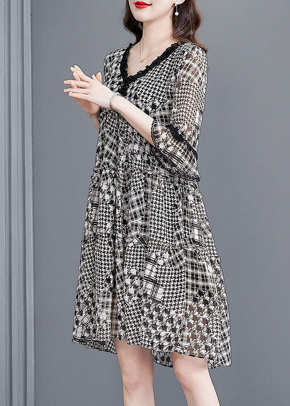 Black Ruffled Patchwork Print Exra Large Hem Chiffon Dresses Half Sleeve