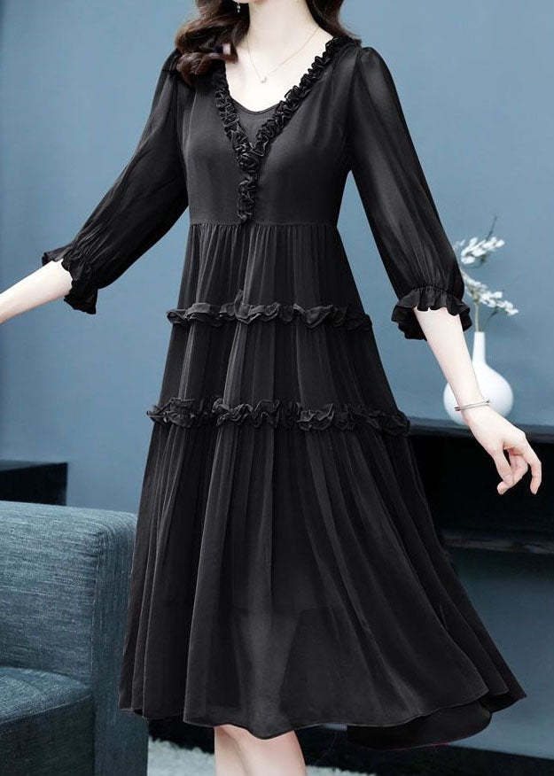 Black Ruffled Patchwork Silk Two Piece Set Dresses Summer
