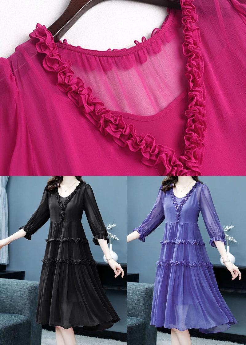 Black Ruffled Patchwork Silk Two Piece Set Dresses Summer