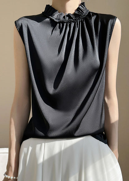 Black Ruffled Silk Tank Sleeveless