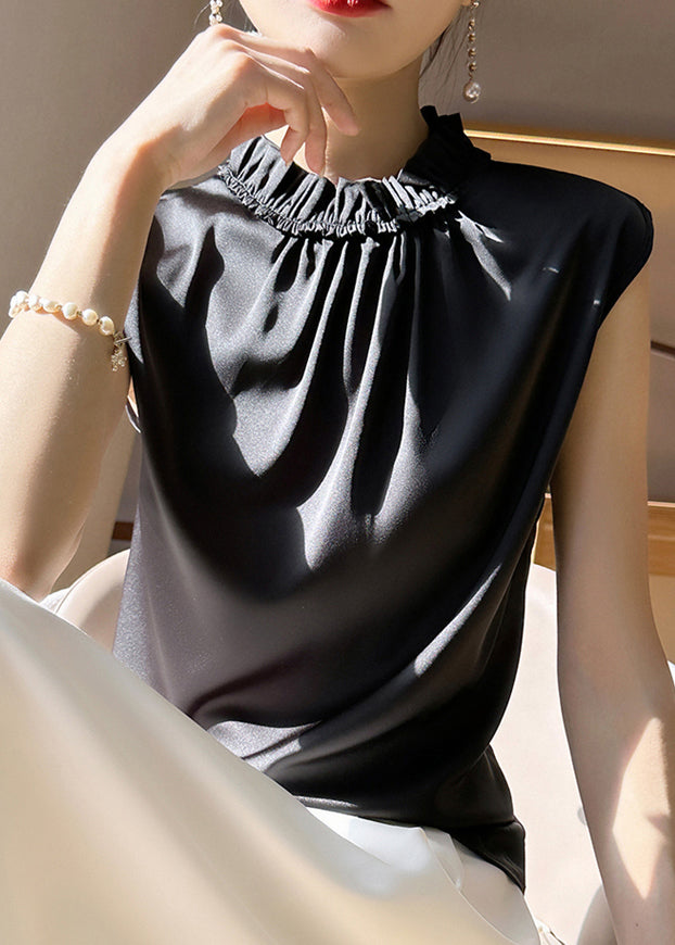 Black Ruffled Silk Tank Sleeveless