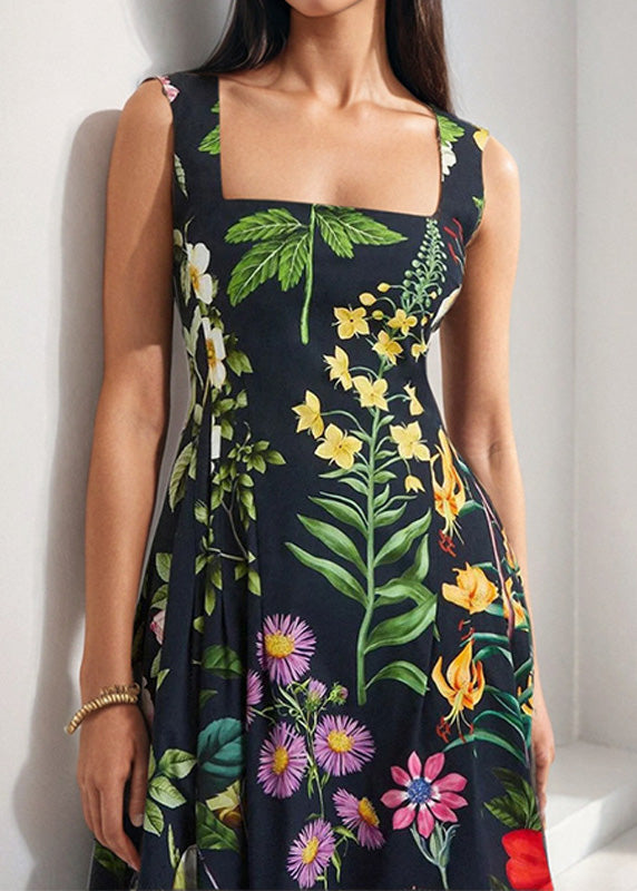 Black Square Collar Print Backless Cotton Dresses Sleeveless