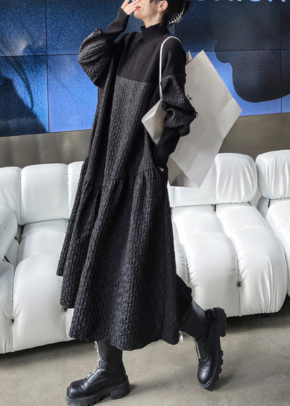 Black Stand Collar Patchwork Knit a Line Long Dresses Winter