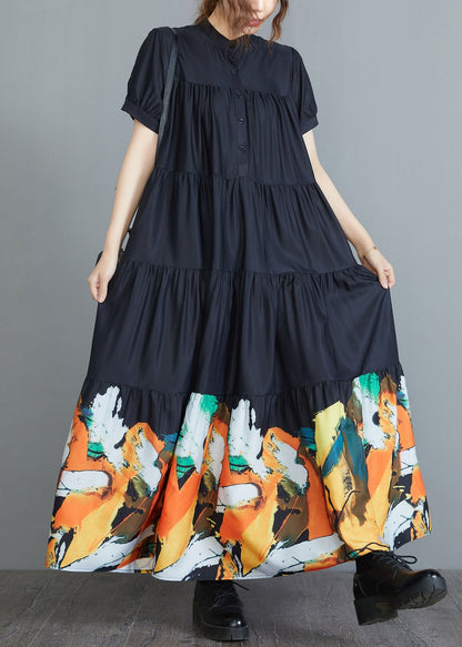 Black Stand Collar Patchwork Print Cotton Pleated Shirt Dress Short Sleeve