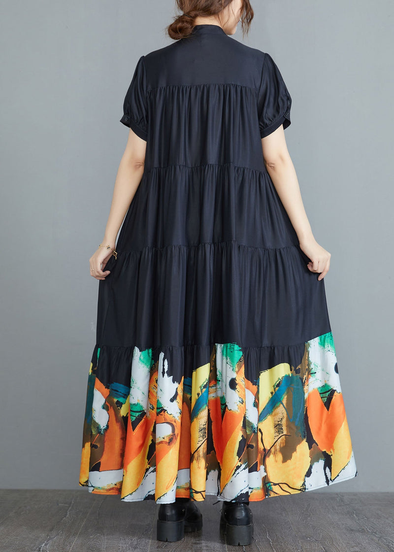 Black Stand Collar Patchwork Print Cotton Pleated Shirt Dress Short Sleeve