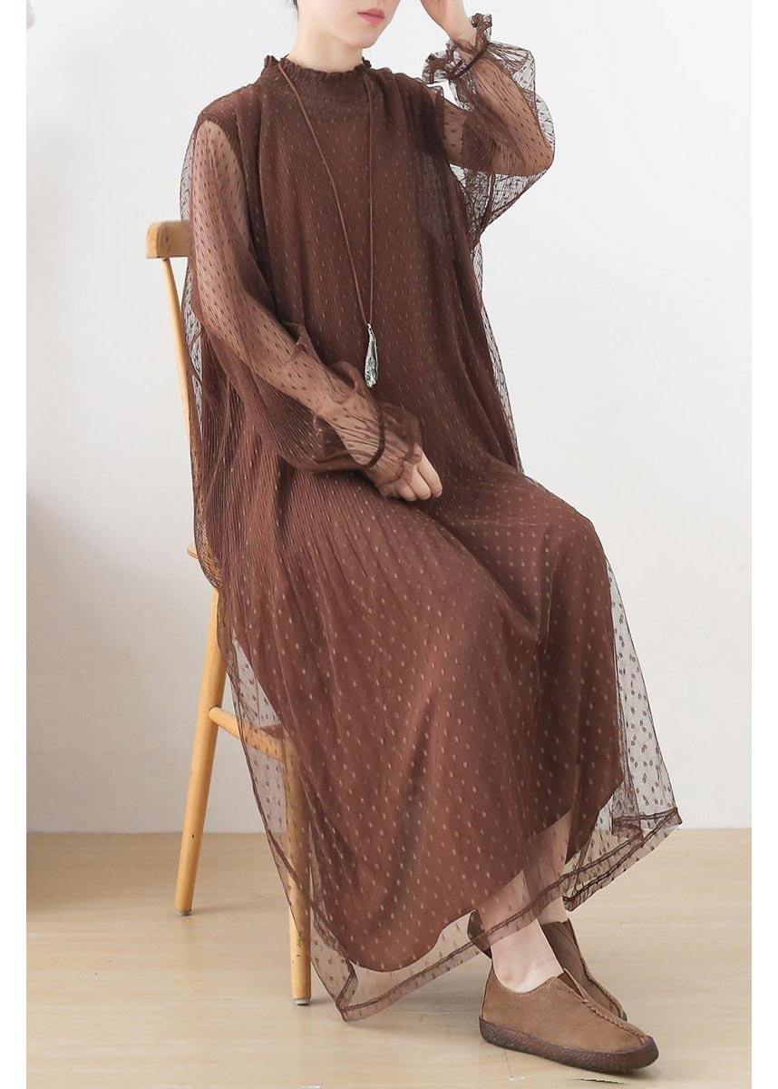 Black Stand Long Sleeve Ankle Summer Chiffon Dress