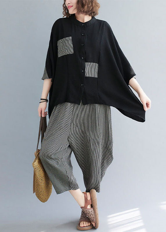 Black Striped Patchwork Stand Collar Tops and Pants Cotton Two Pieces Set Summer