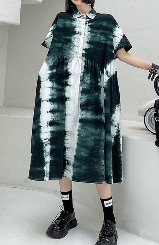 Black Tie Dye Cotton Turn-down Collar Summer Long Dresses