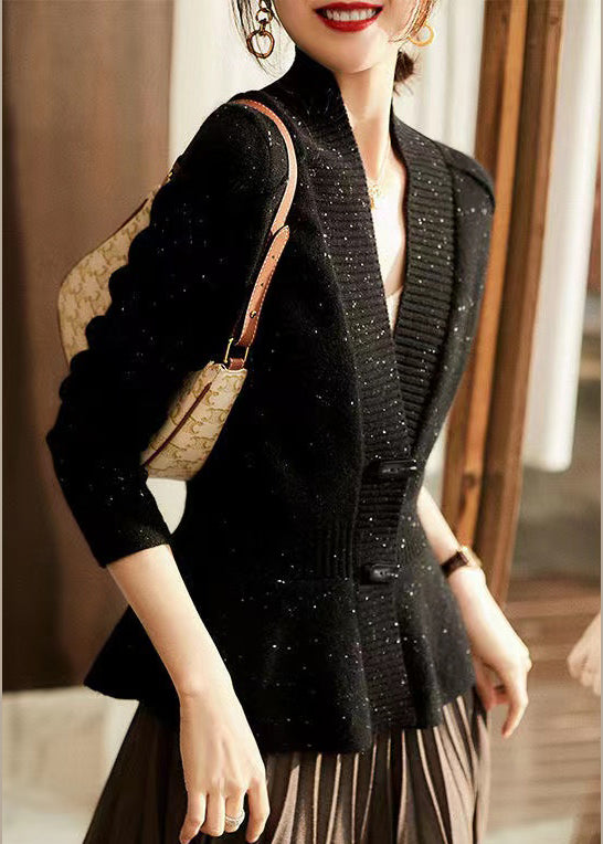 Black V Neck Dot Button Thick Cashmere Sweater Long Sleeve
