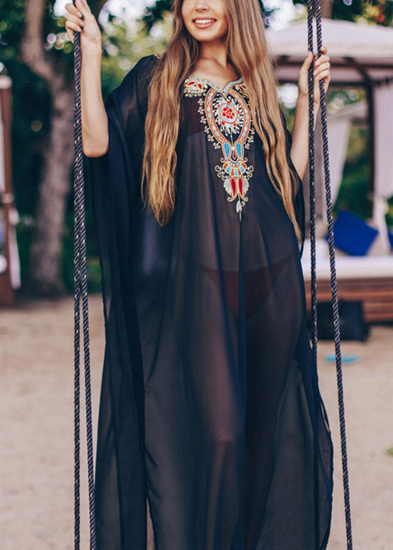 Black V Neck Embroideried Chiffon Long Beach Dresses Batwing Sleeve