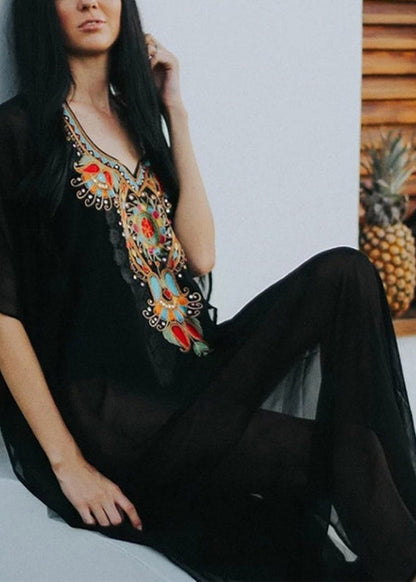 Black V Neck Embroideried Chiffon Long Beach Dresses Batwing Sleeve