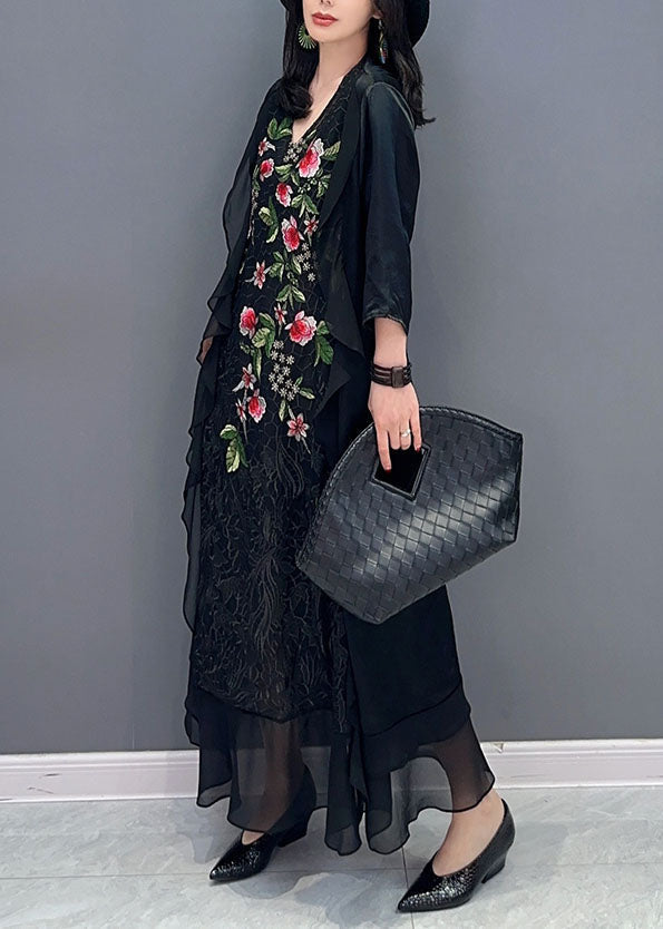 Black V Neck Embroideried Patchwork Chiffon Long Dress Summer