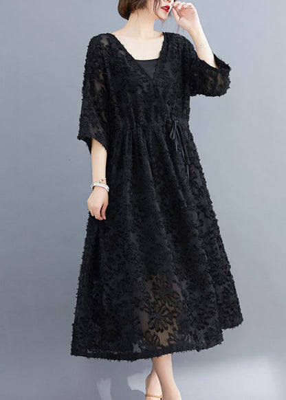 Black V Neck Embroideried Dress Two Pieces Set Half Sleeve