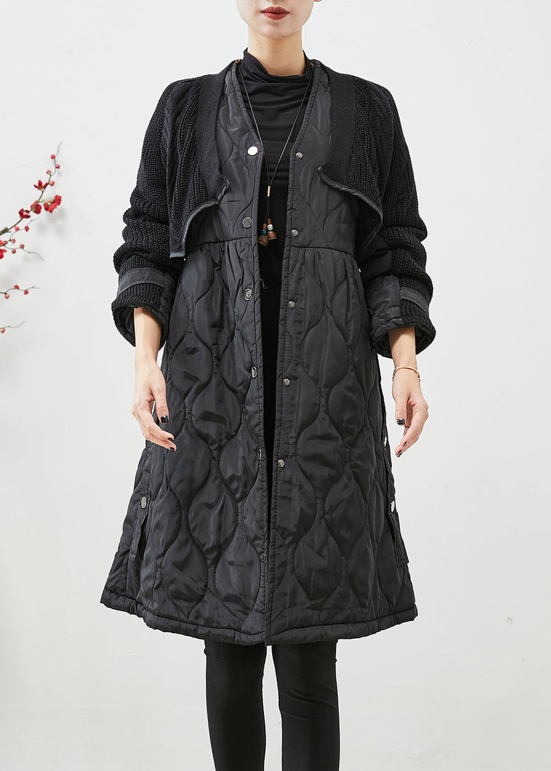 Black V Neck Knit Patchwork Fine Cotton Filled Witner Coats