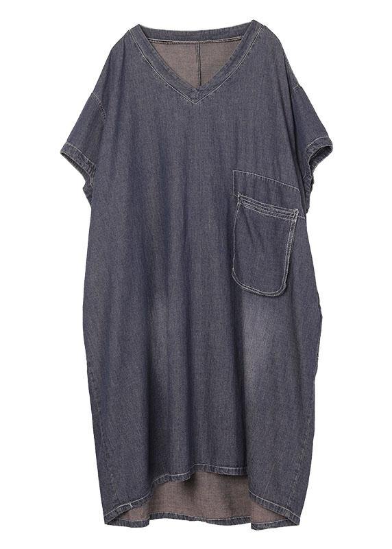 Black V Neck Pockets Denim Summer Maxi Dresses