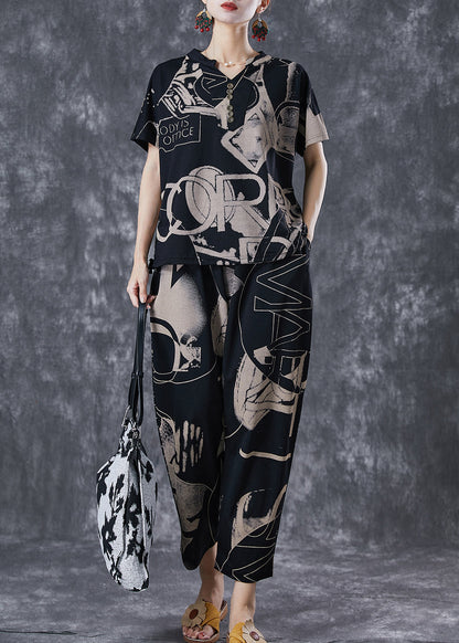Black V Neck Print Cotton Two Piece Set Clothing Summer