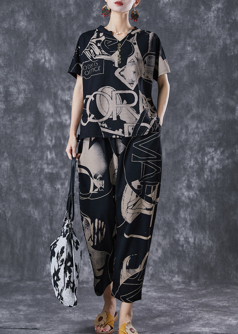 Black V Neck Print Cotton Two Piece Set Clothing Summer