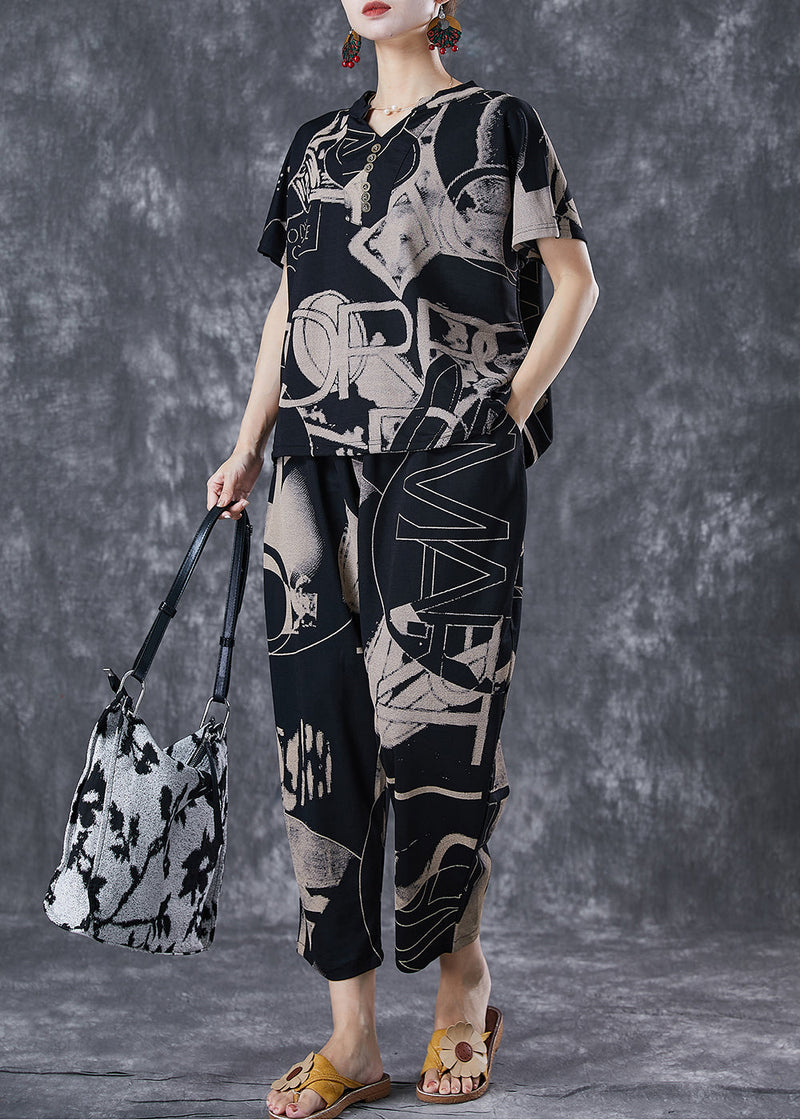 Black V Neck Print Cotton Two Piece Set Clothing Summer