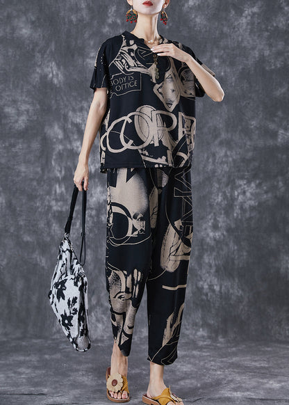 Black V Neck Print Cotton Two Piece Set Clothing Summer