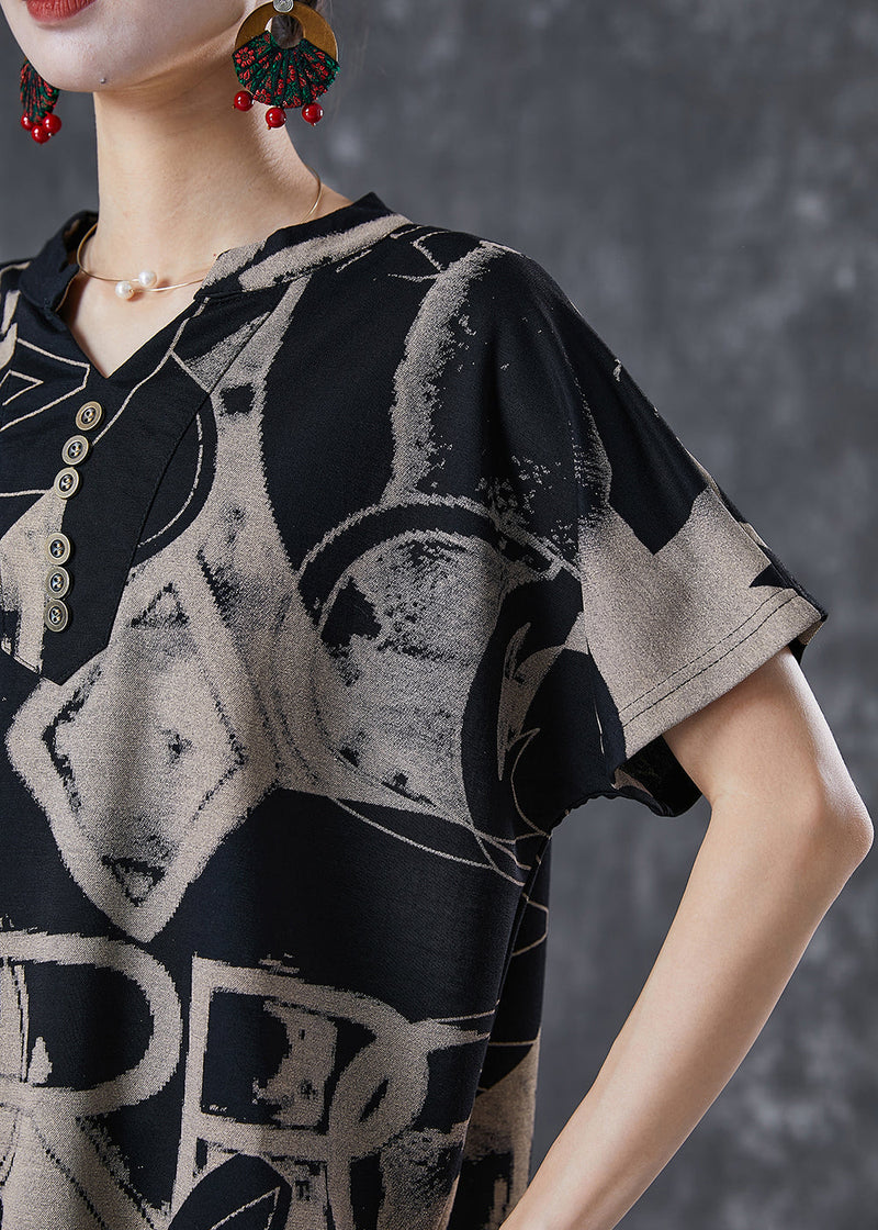 Black V Neck Print Cotton Two Piece Set Clothing Summer