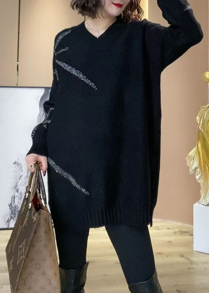 Black V Neck Sequins Oversized Long Knit Dress Winter
