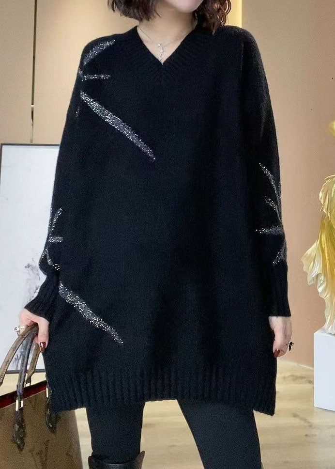 Black V Neck Sequins Oversized Long Knit Dress Winter