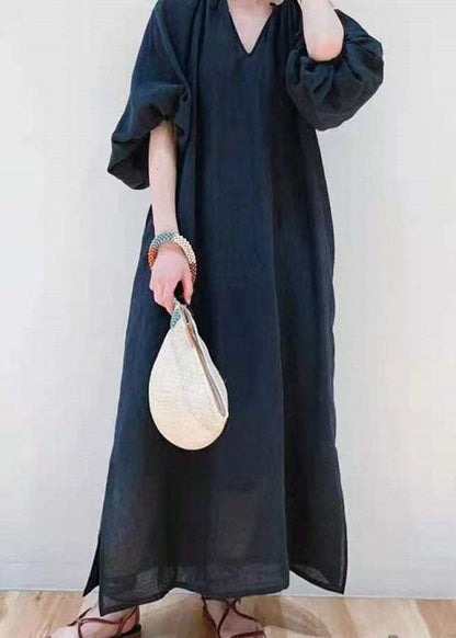 Black V Neck Side Open Cotton Dresses Puff Sleeve