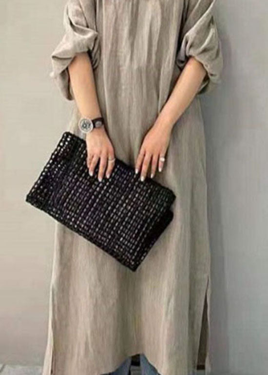 Black V Neck Side Open Cotton Dresses Puff Sleeve